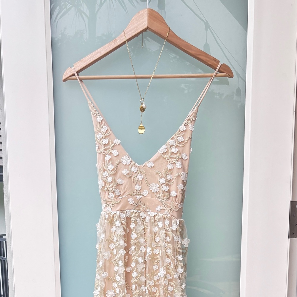 Altar'd State elegant Caledonia Lace Floral Dress with Gold and White Accents